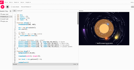 Planets and stars move based on audio levels.